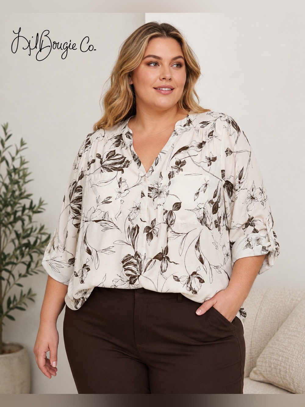 NWOT Torrid Harper 3/4 sleeve Size 2 (2X) Floral Cream and Brown